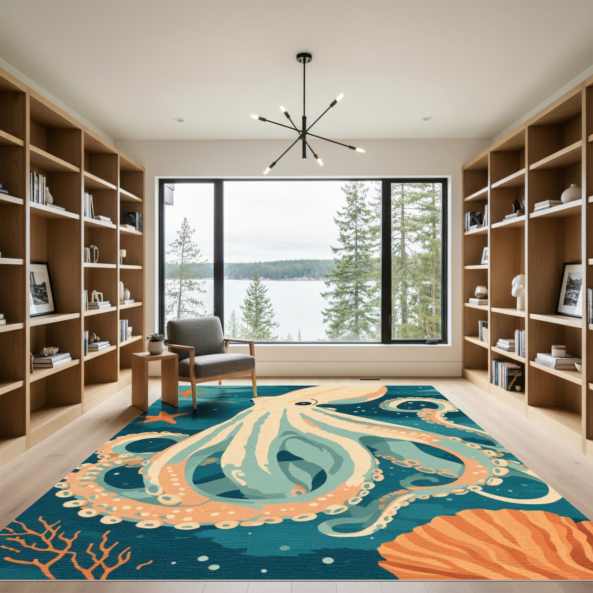Creamy Peach Octopus Coral Scene Rug