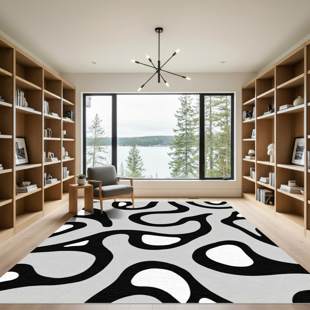 Modern Gray Black Organic Swirl Rug