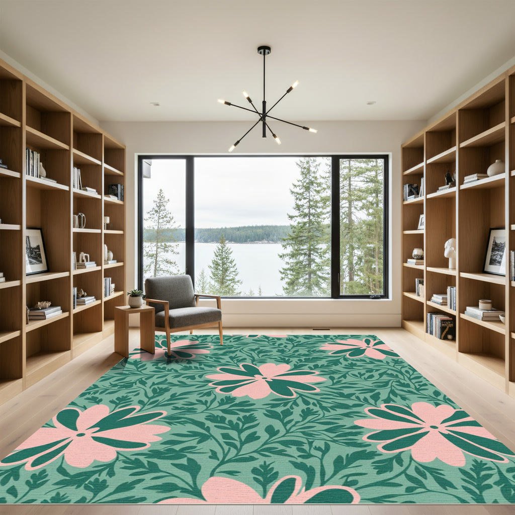 Soft Pink Floral Green Foliage Arrangement Rug