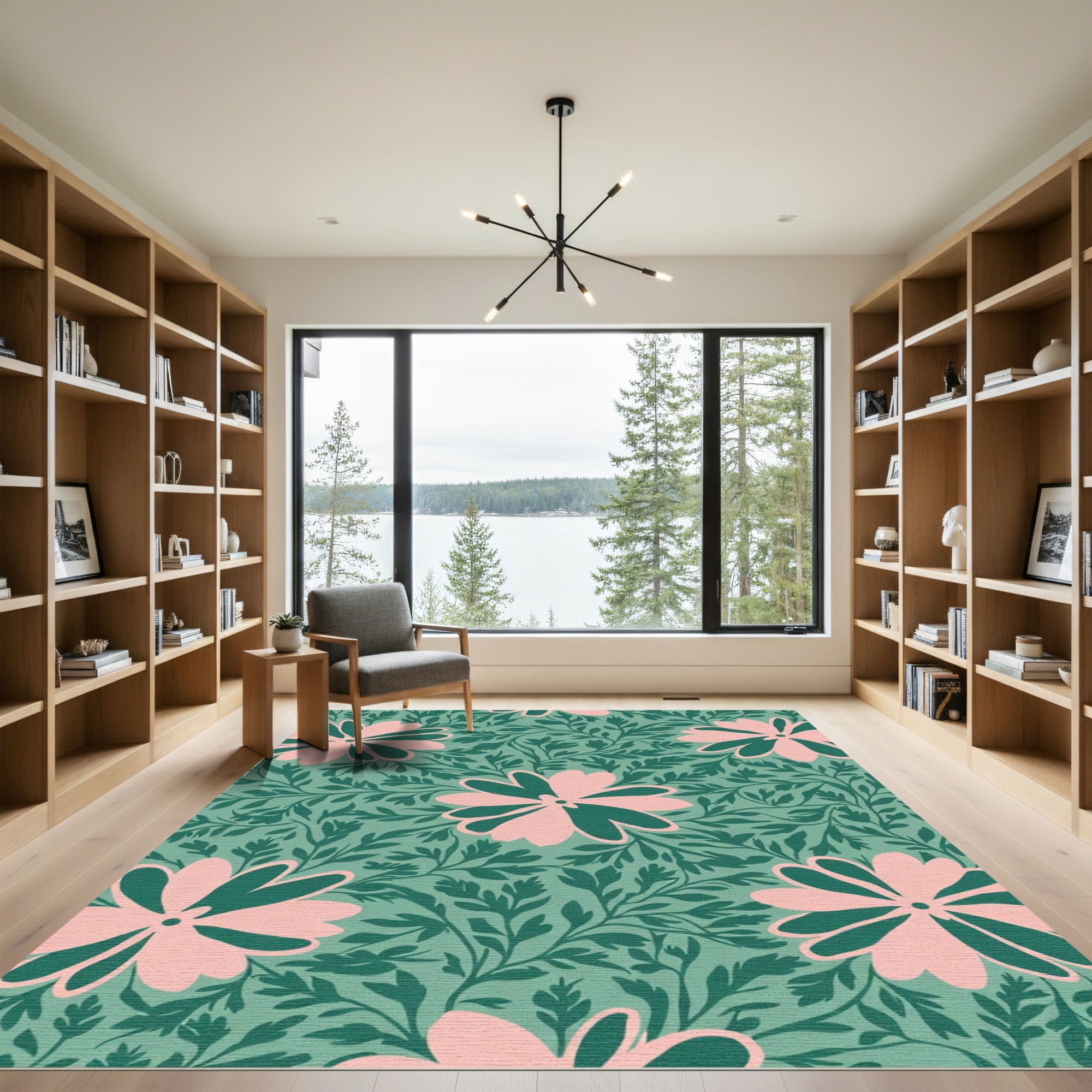 Soft Pink Floral Green Foliage Arrangement Rug