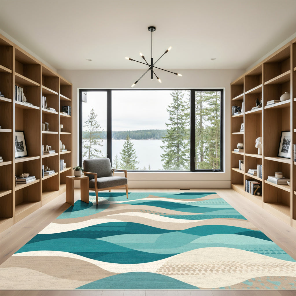 Modern Teal Tan Wave Layers Rug