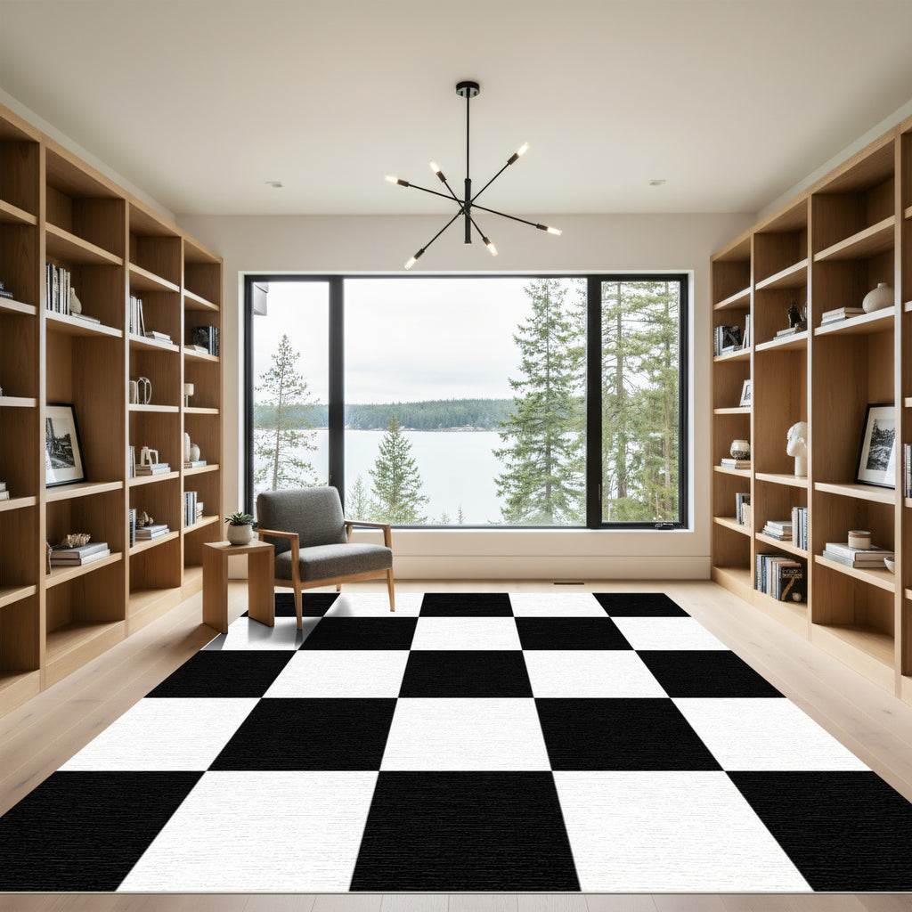 Monochrome Black White Checkered Grid Rug