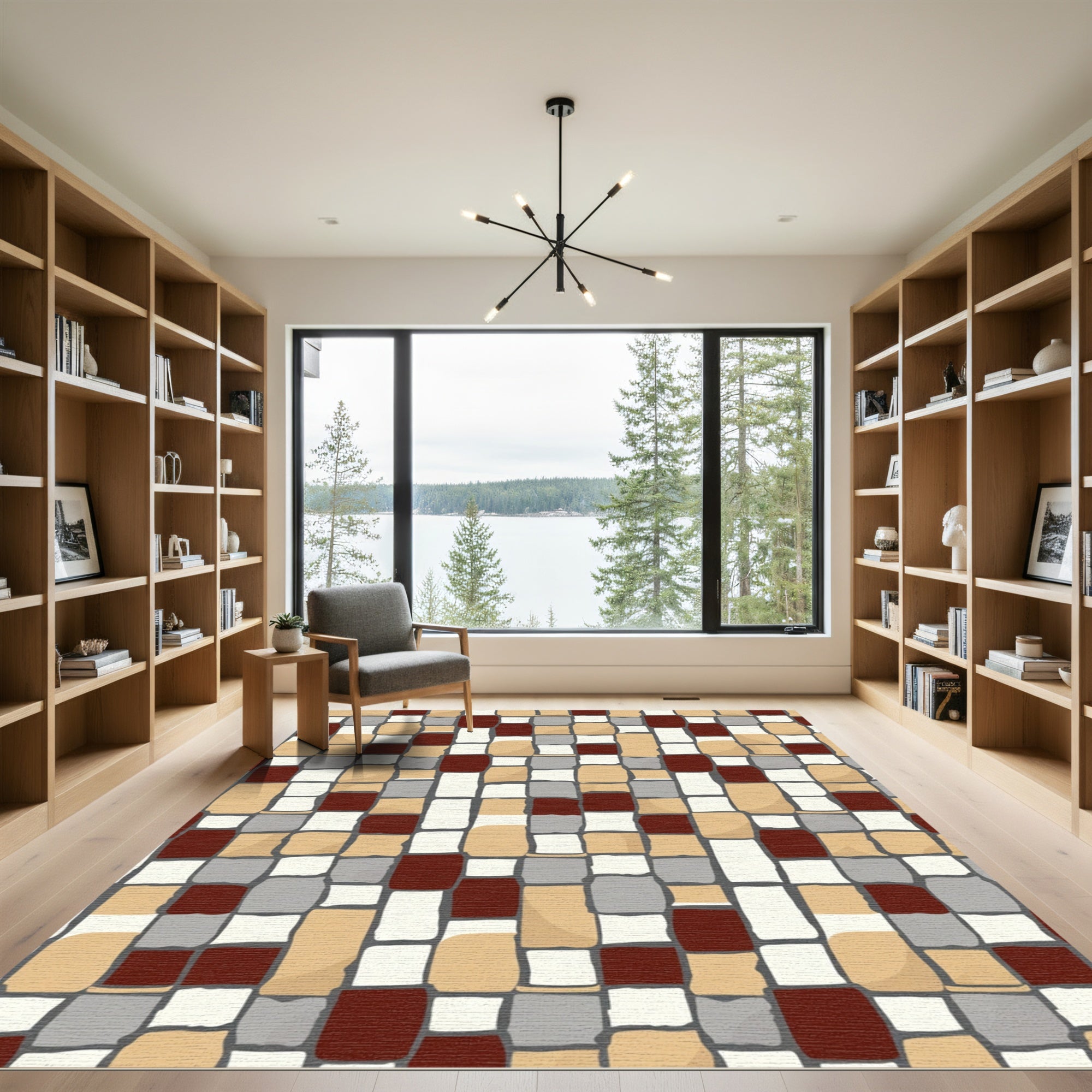 Red Gold Tan Gray Block Pattern Rug
