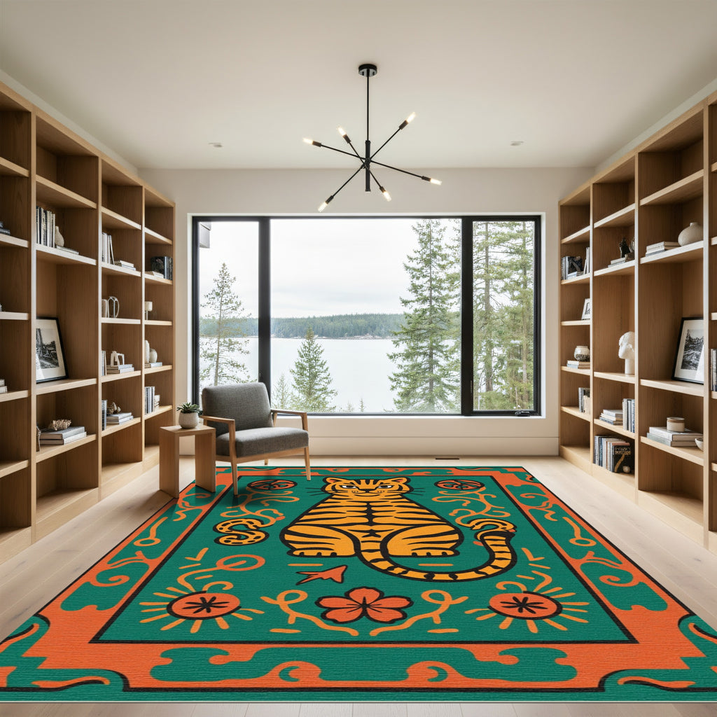 Bold Orange Tiger Green Floral Rug