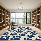Navy Blue Paw Prints Scattered Background Rug