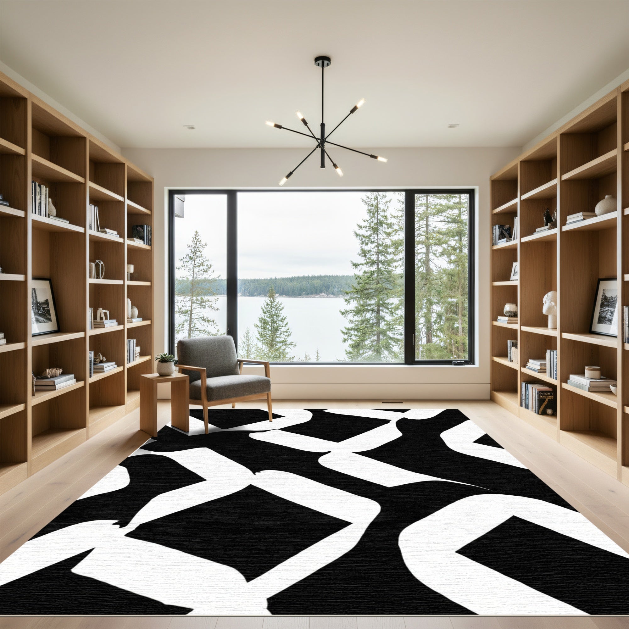 Monochrome Abstract Interlocking Shapes Rug