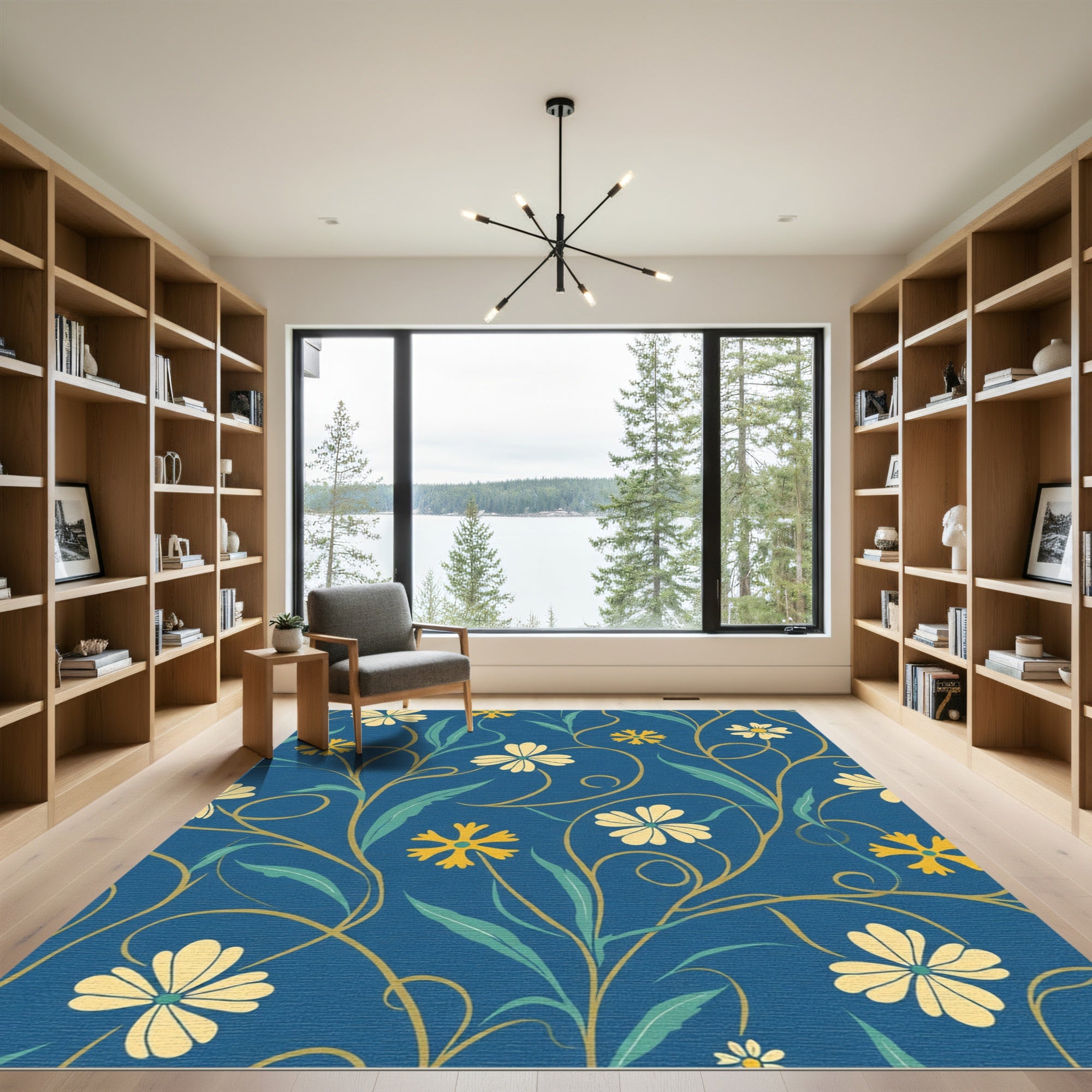 Navy Blue Floral Vine Swirl Rug