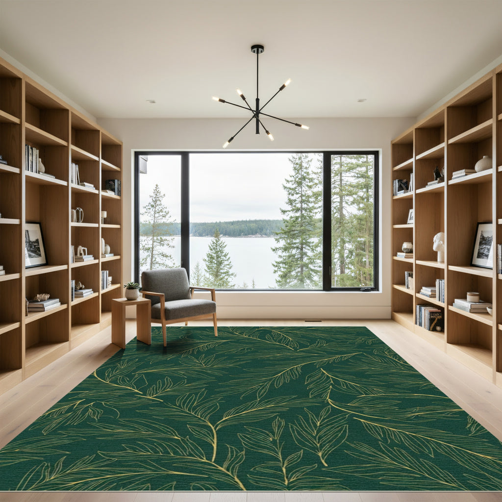 Elegant Gold Leaf Branches on Emerald Rug