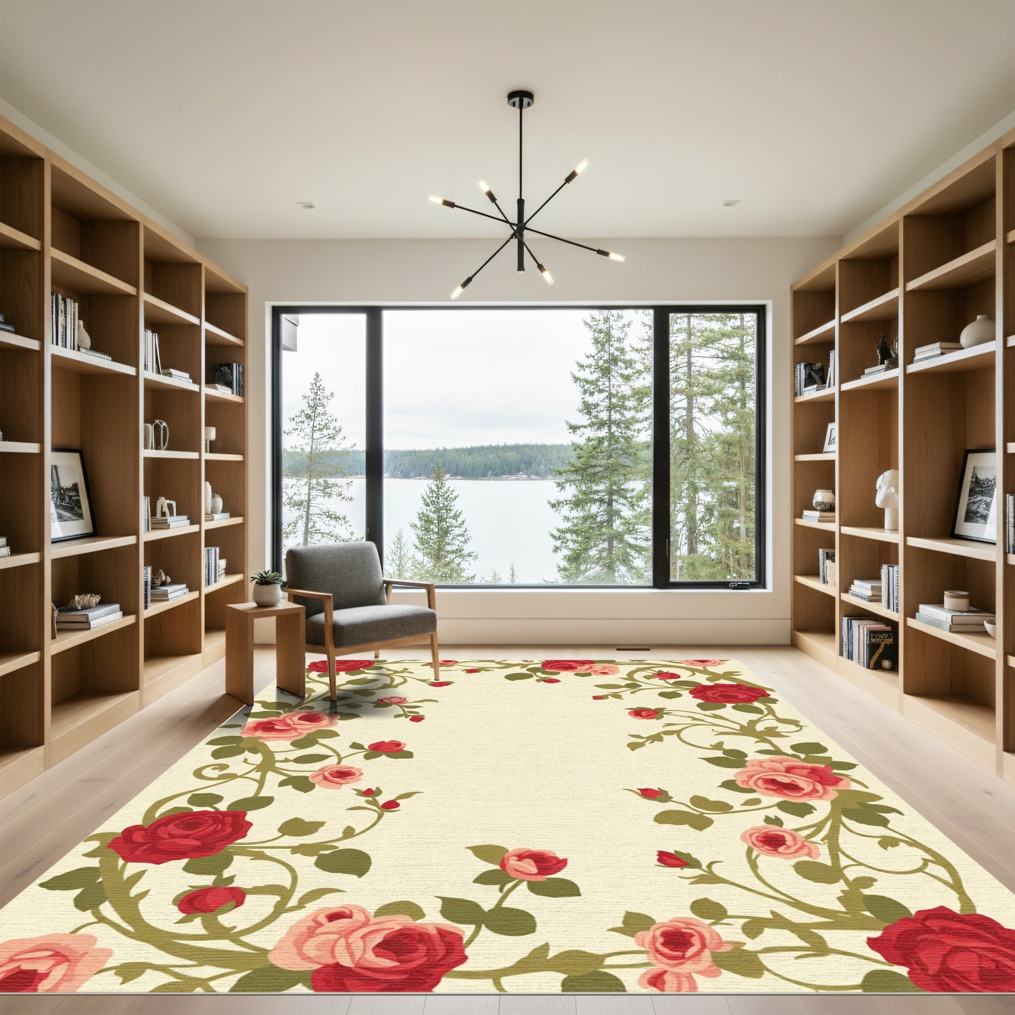 Crimson Coral Pink Rose Vine Rug