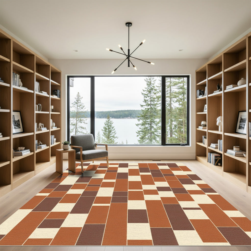 Terracotta Brown Cream Brickwork Rug