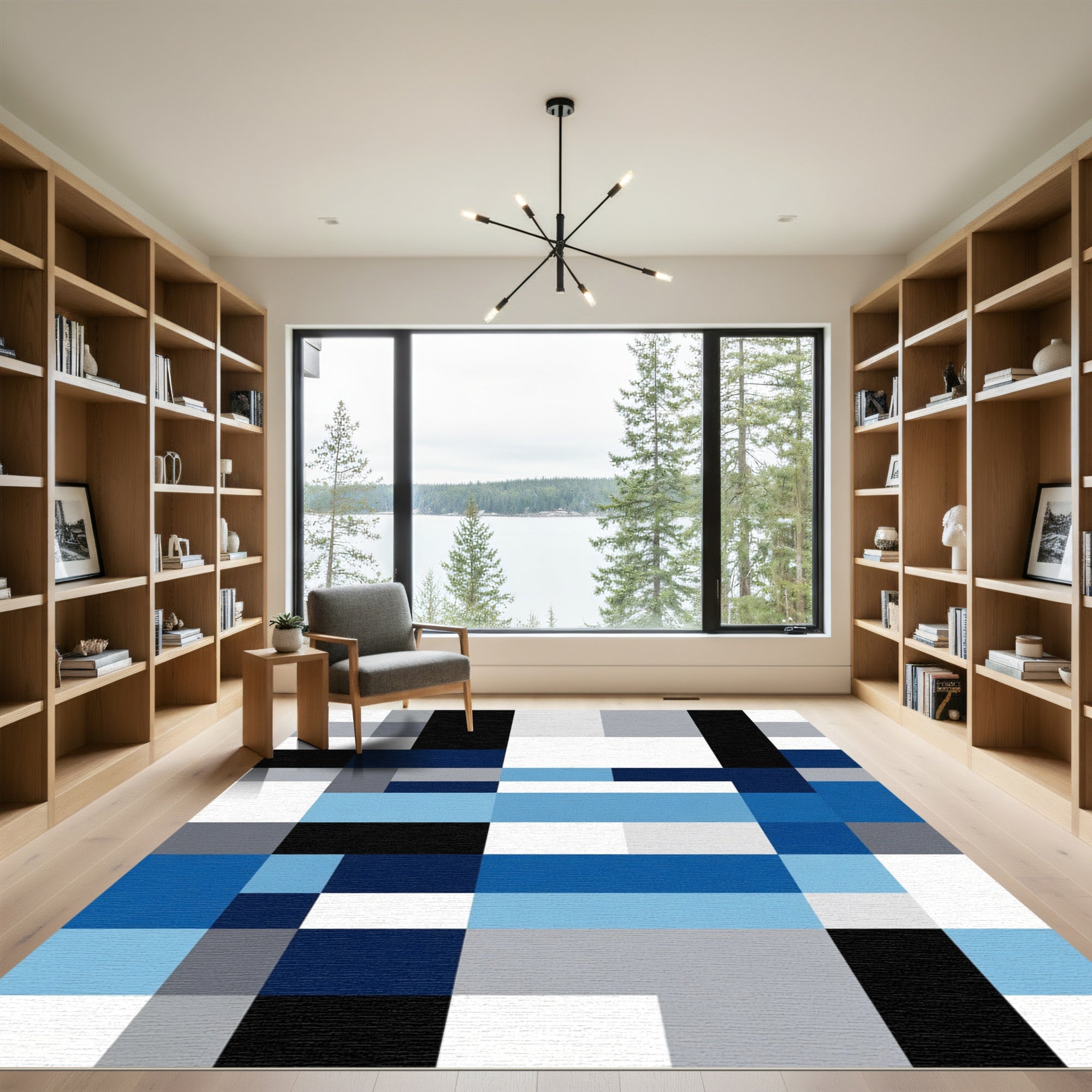 Abstract Blue Gray White Squares Rug