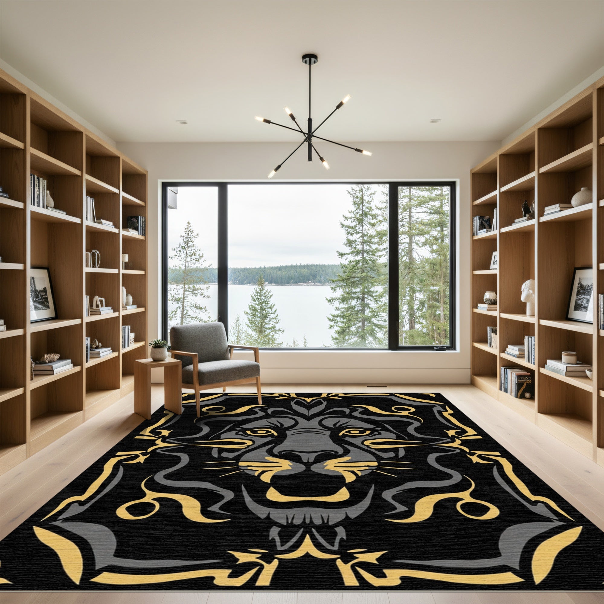 Ferocious Black Golden Lion Face Rug