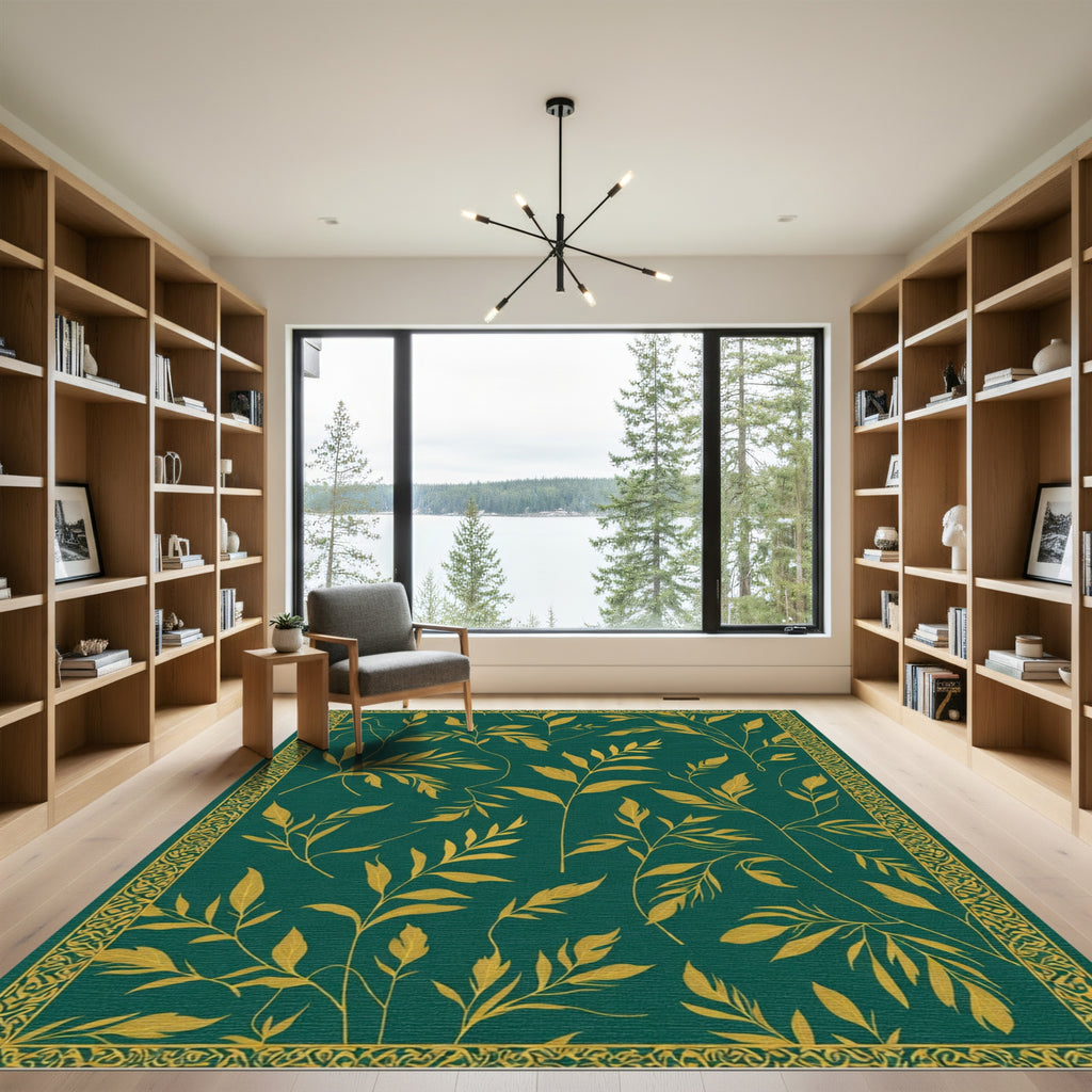Deep Emerald Gold Leaf Branches Rug
