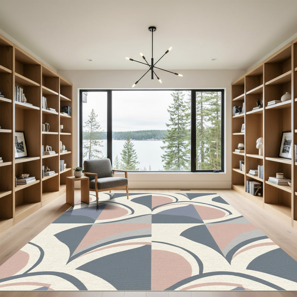 Abstract Curves Pink Gray Geometric Rug