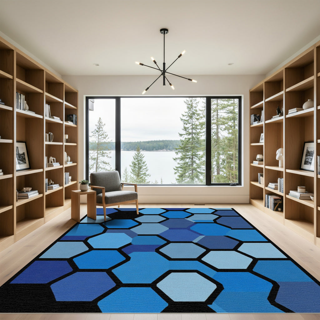 Deep Blue Hexagon Grid Abstract Rug