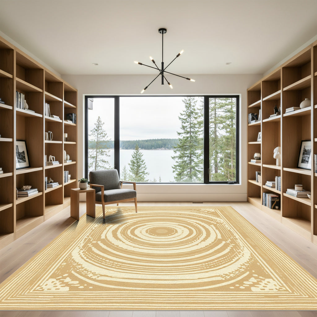 Golden Concentric Circles Abstract Art Rug