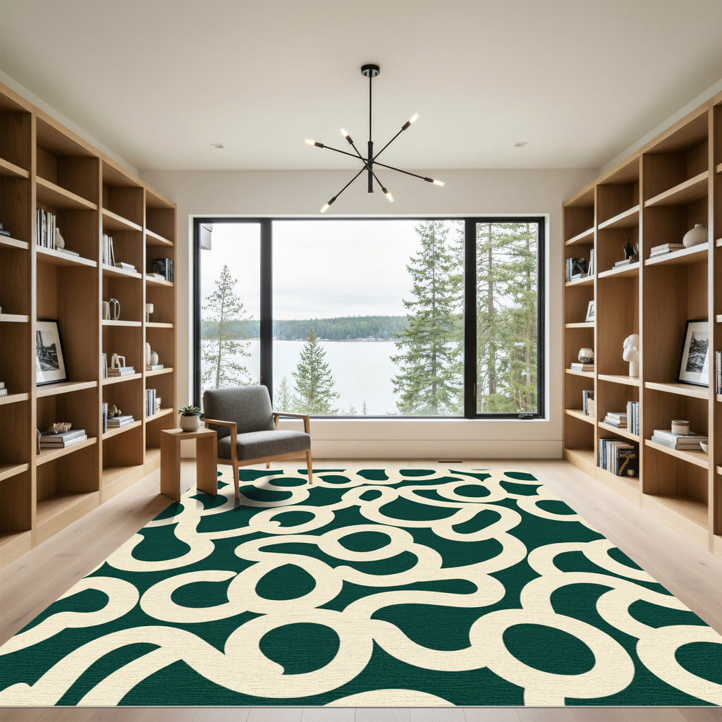Cream Abstract Swirls Deep Green Rug