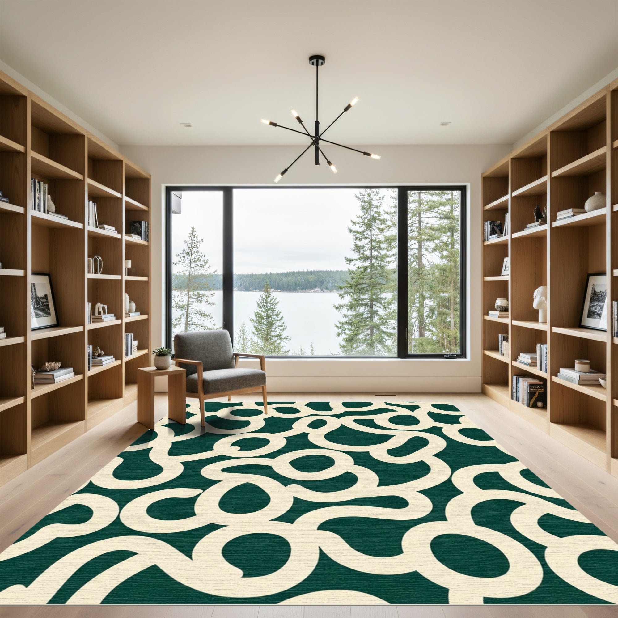 Cream Abstract Swirls Deep Green Rug