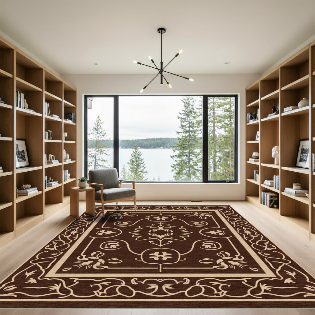 Chocolate Cream Ornate Scroll Vine Artwork Rug