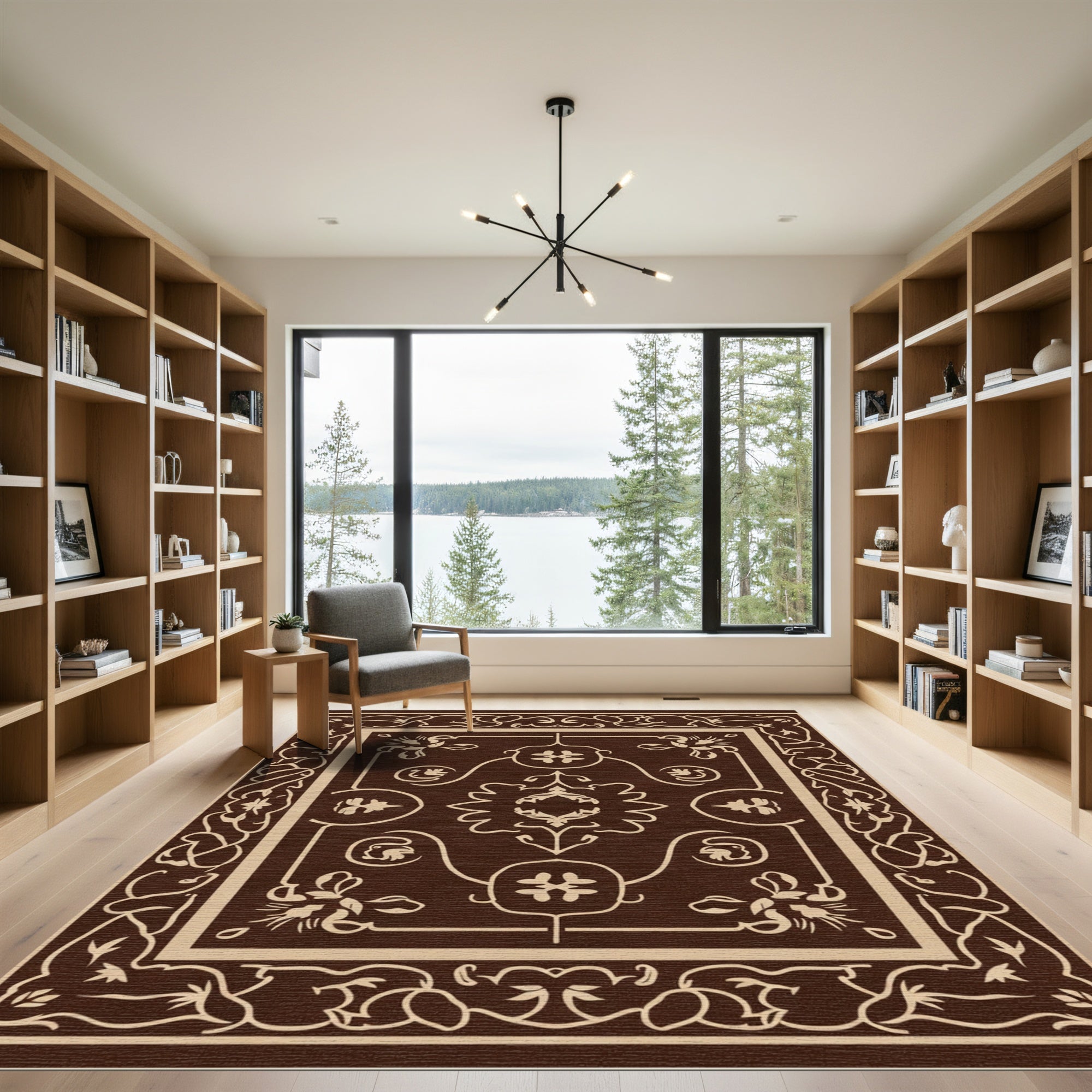 Chocolate Cream Ornate Scroll Vine Artwork Rug