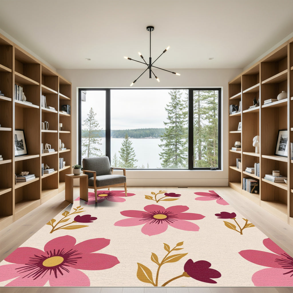Pink Burgundy Floral Botanical Arrangement Rug