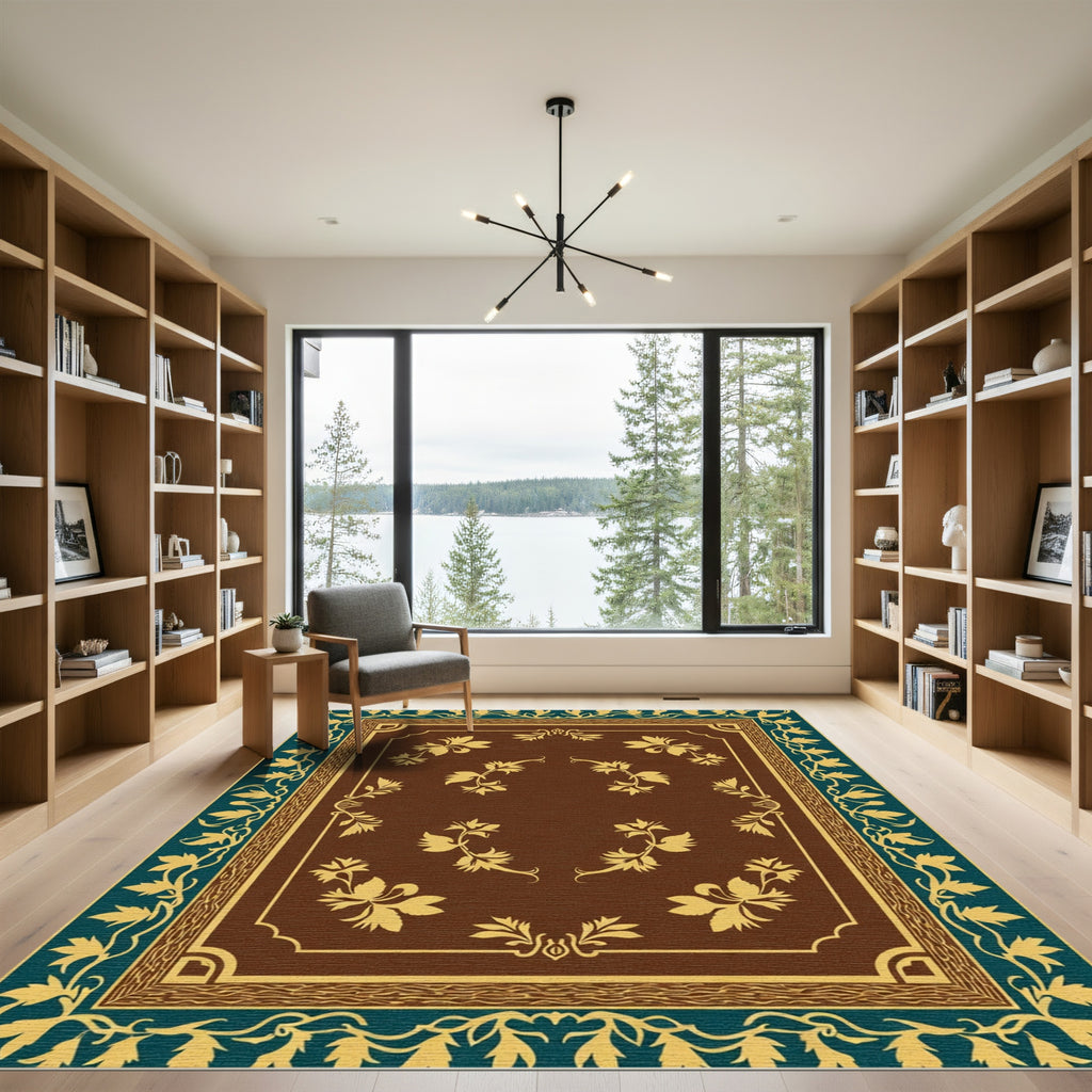 Brown Floral Medallion Teal Border Rug