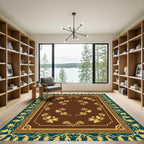 Brown Floral Medallion Teal Border Rug
