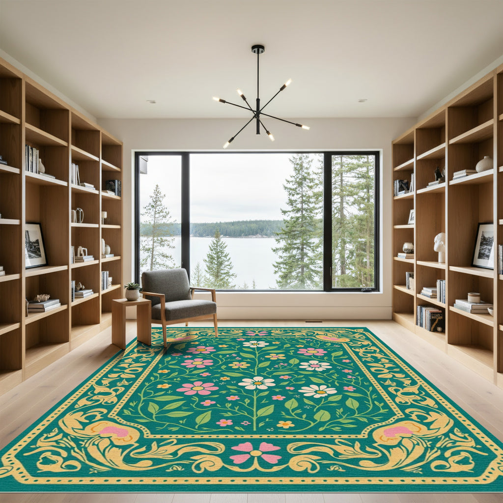 Teal Floral Medallion Garden Rug