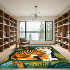 Jungle Tiger With Lush Foliage Scene Rug