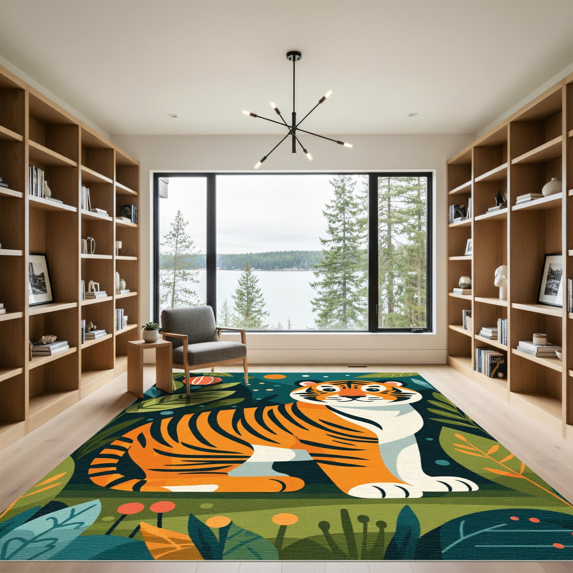 Jungle Tiger With Lush Foliage Scene Rug