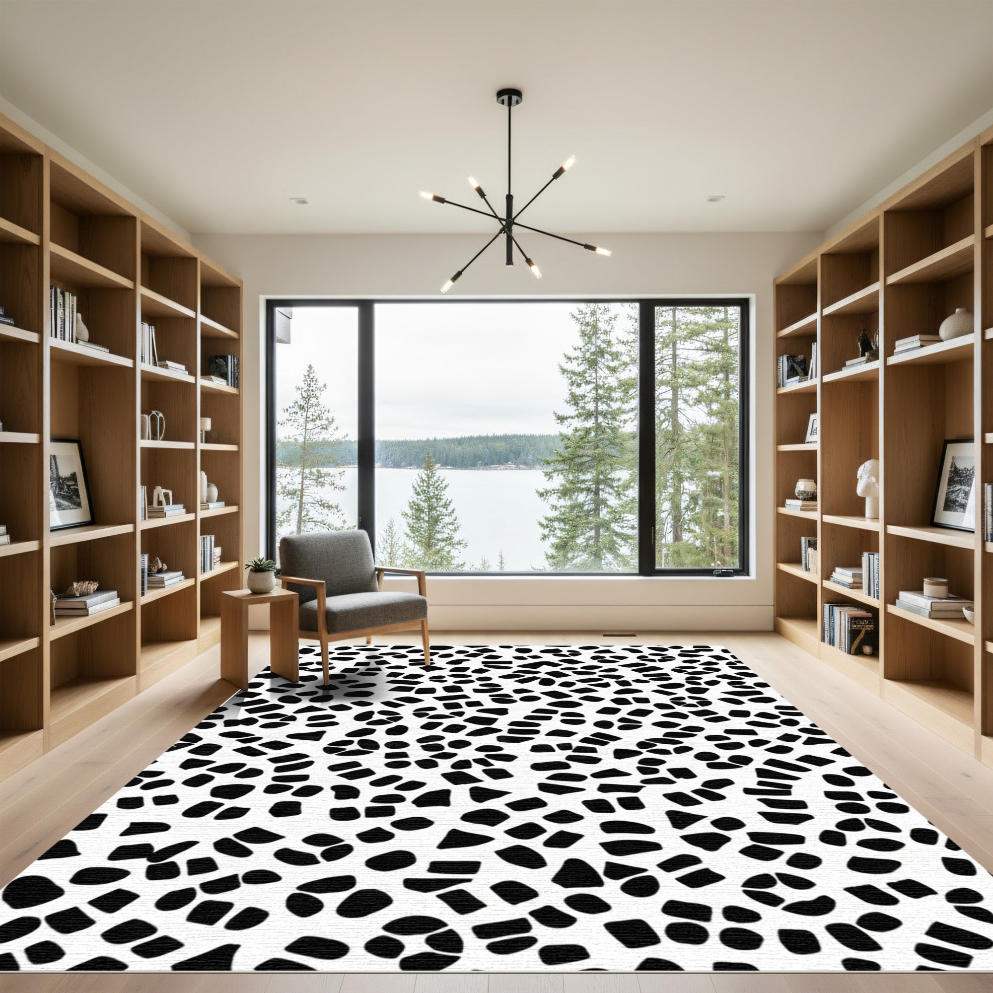 Black White Scattered Organic Shapes Rug