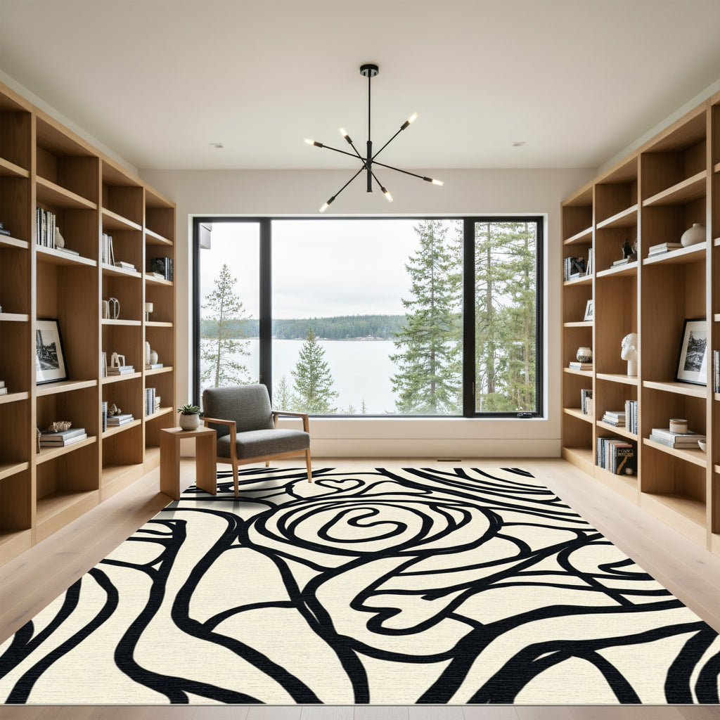 Cream and Black Heart Flower Lines Rug