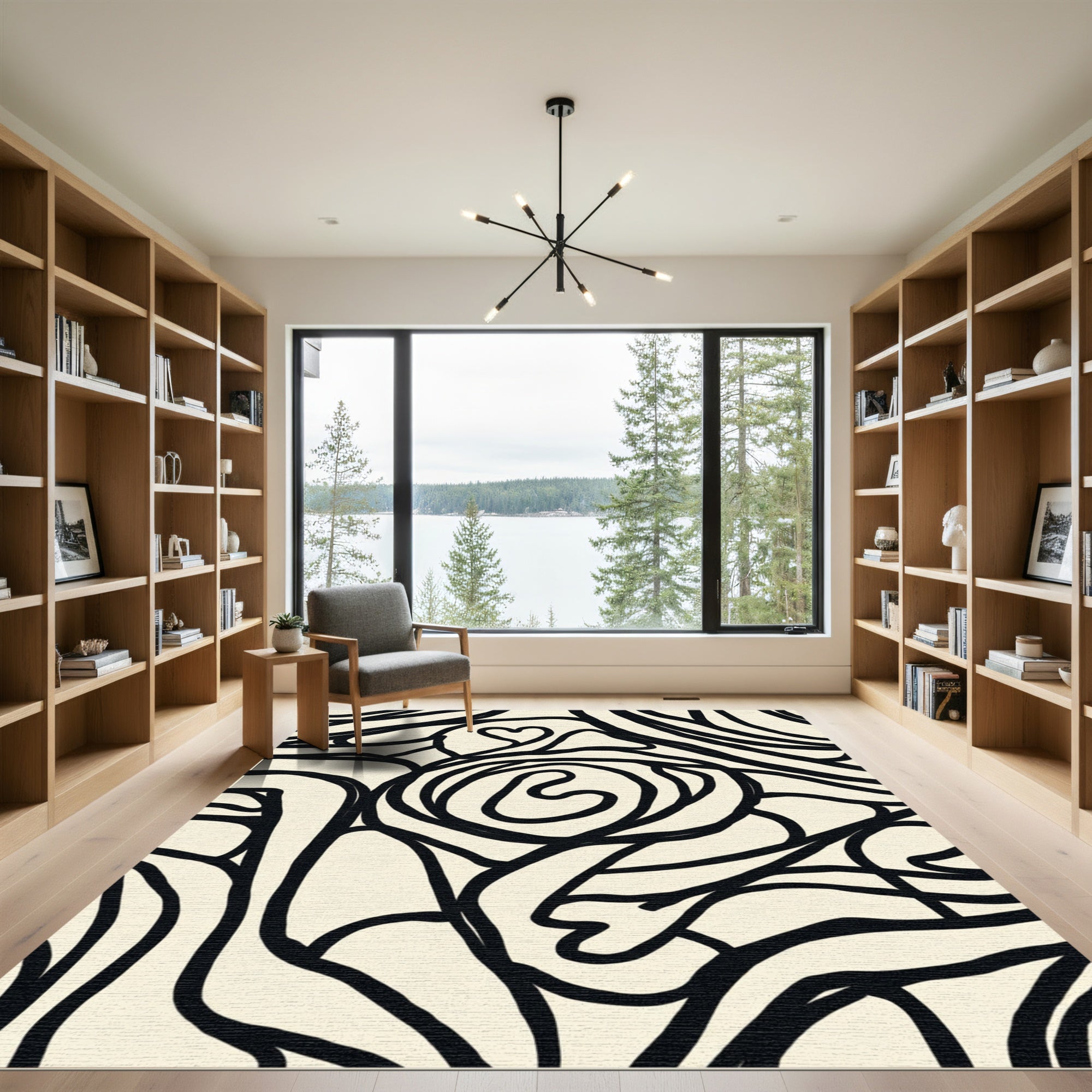 Cream and Black Heart Flower Lines Rug