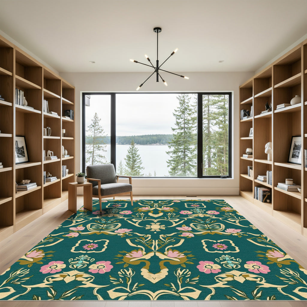 Teal Floral Scrollwork With Pink Accents Rug