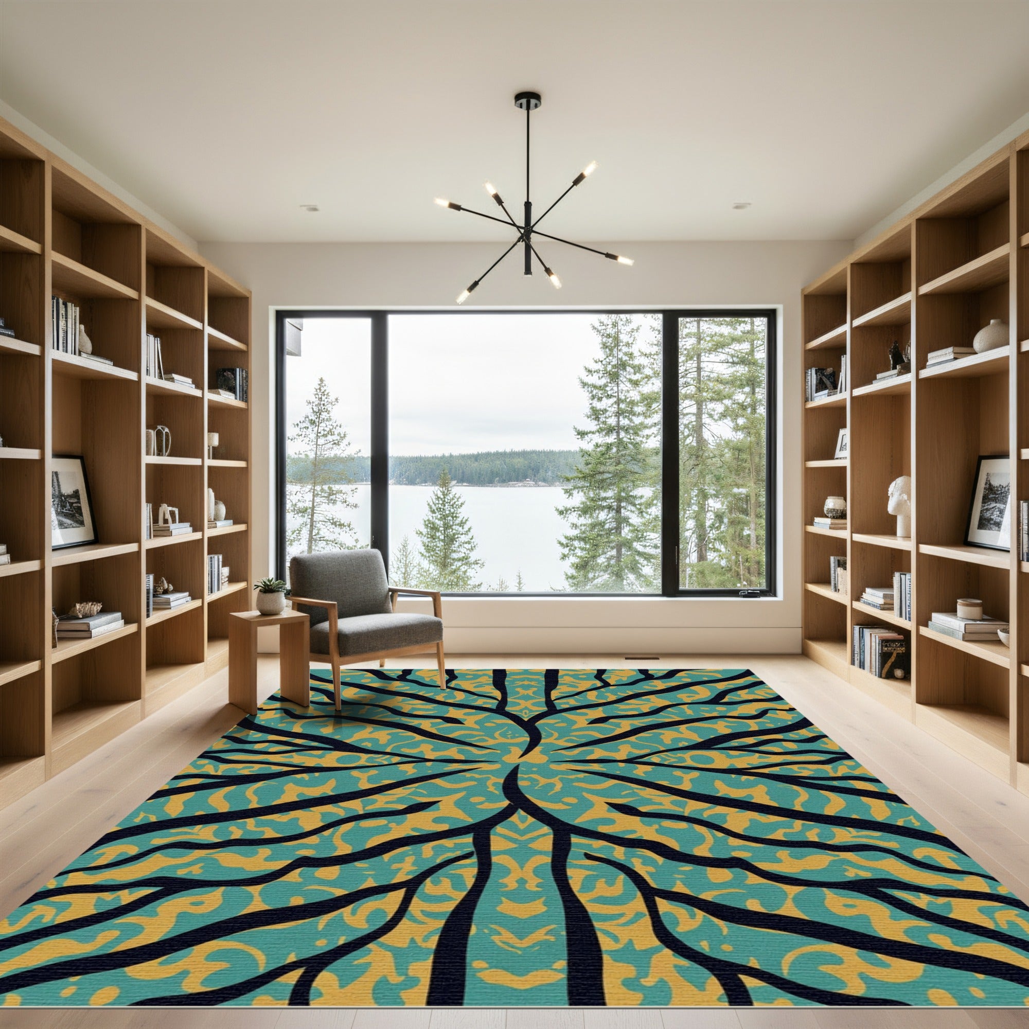 Teal Yellow Organic Tree Branches Rug