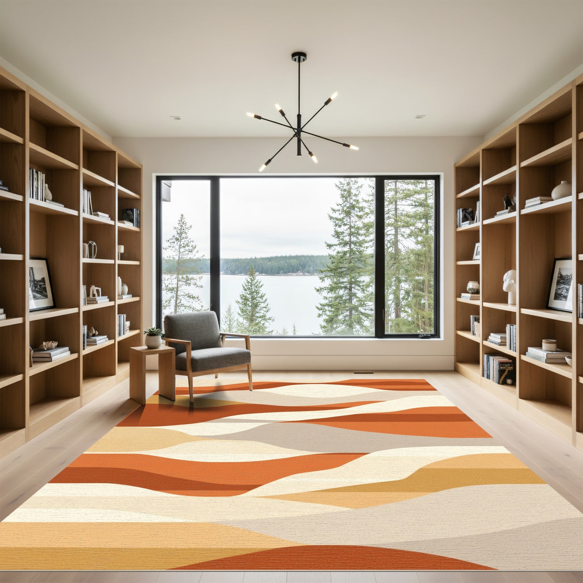 Earthy Terracotta Abstract Wave Rug - Washable Flatwoven Chenille