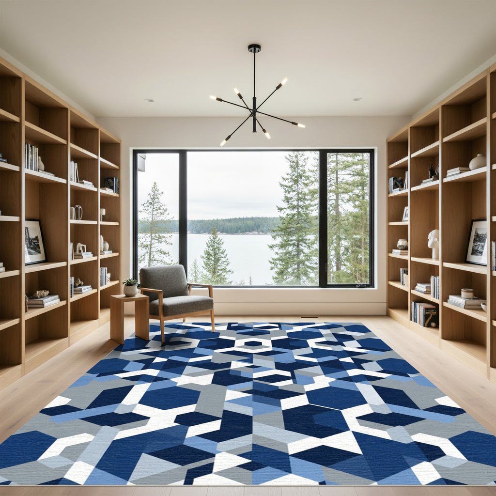 Modern Blue Gray Geometric Hexagons Rug