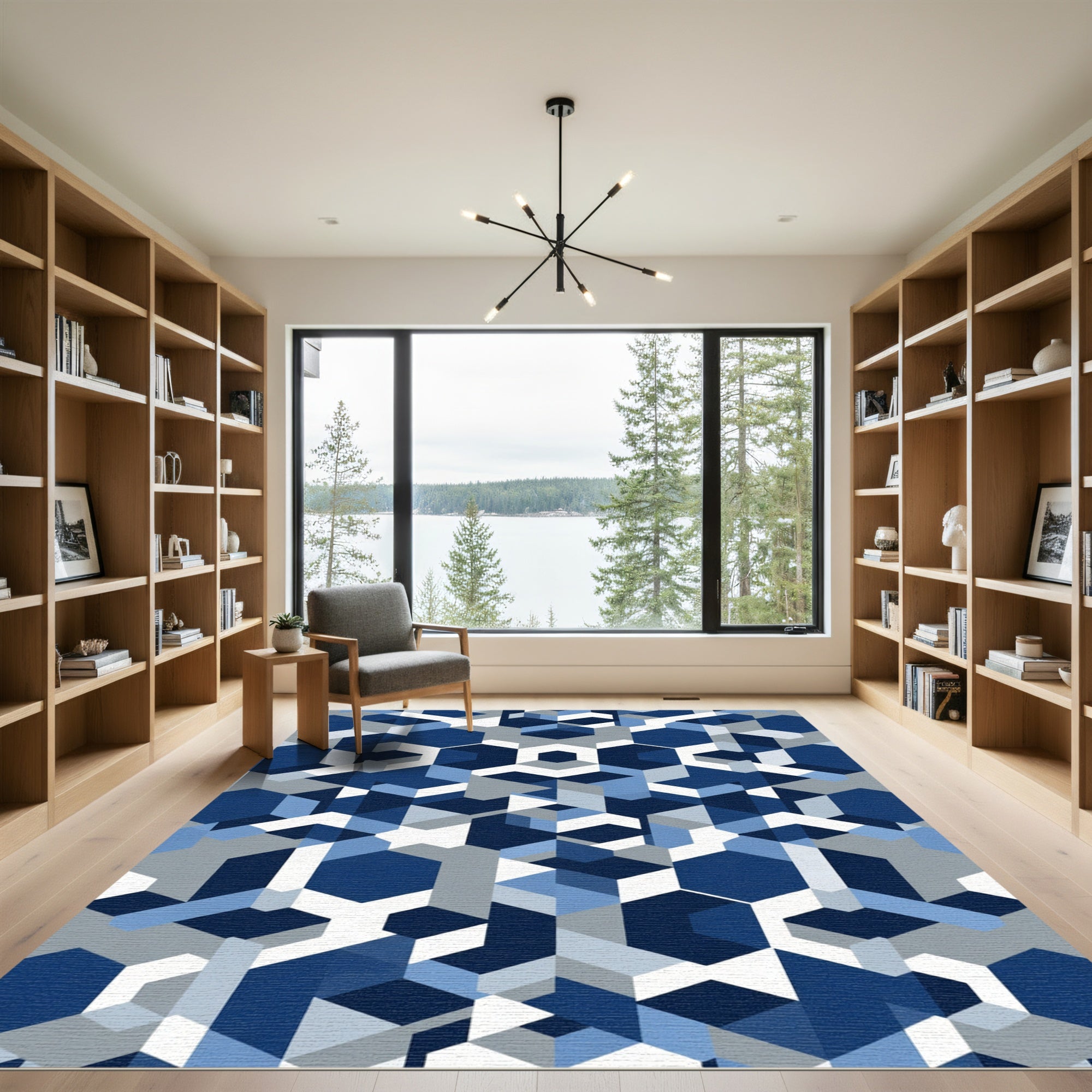 Modern Blue Gray Geometric Hexagons Rug