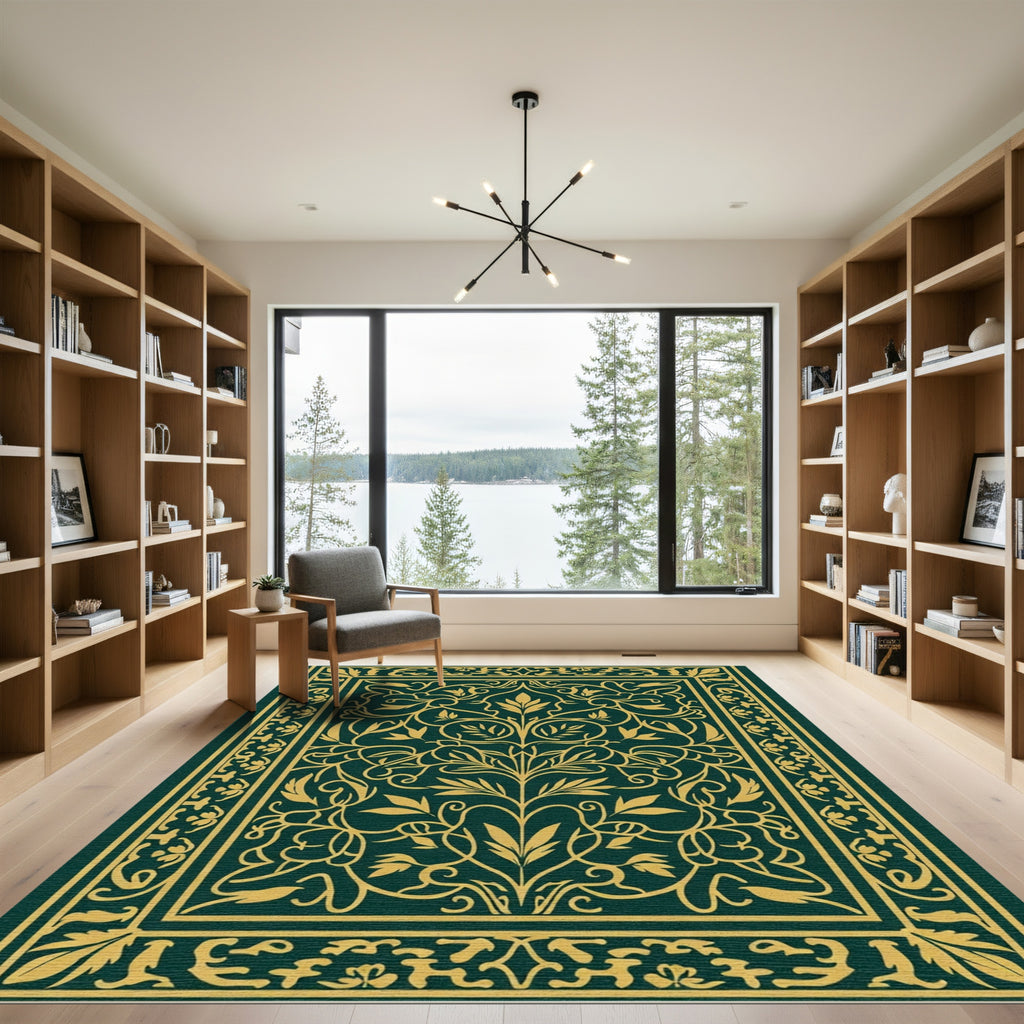 Regal Emerald Gilded Floral Scroll Rug