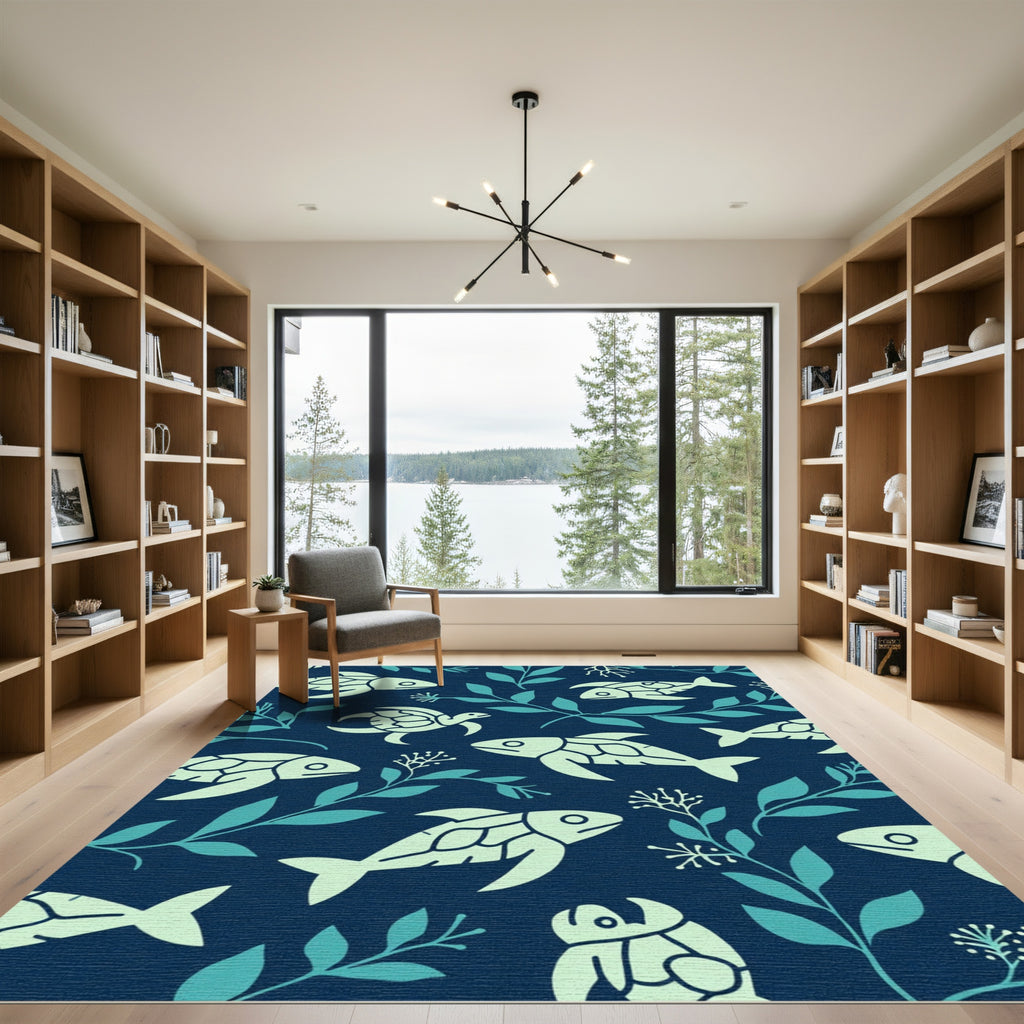 Underwater World Fish Turtle Navy Rug