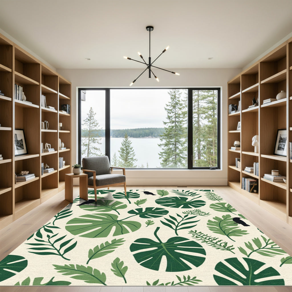 Tropical Greenery and Black Bird Collage Rug