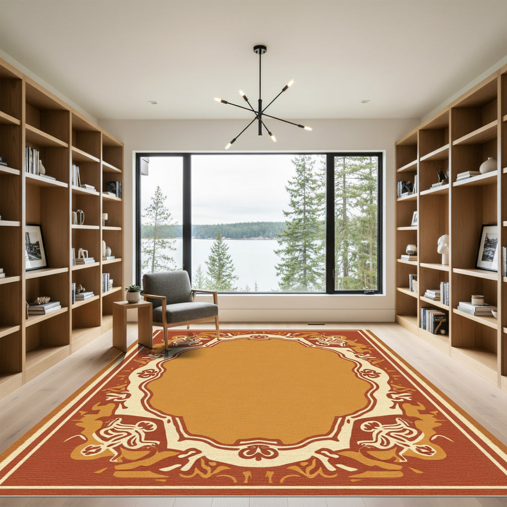 Earthy Ochre Ornamental Scroll Frame Rug