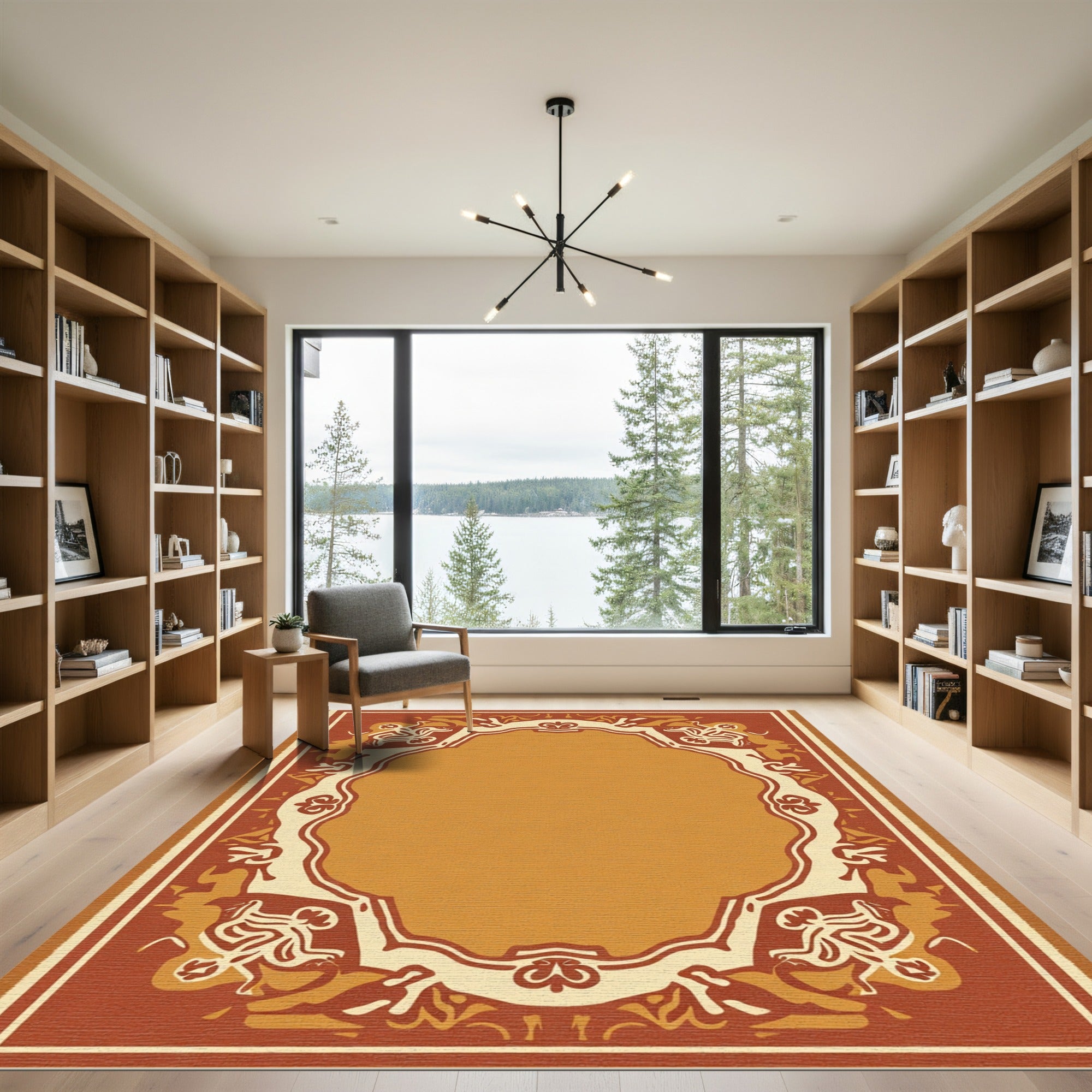 Earthy Ochre Ornamental Scroll Frame Rug