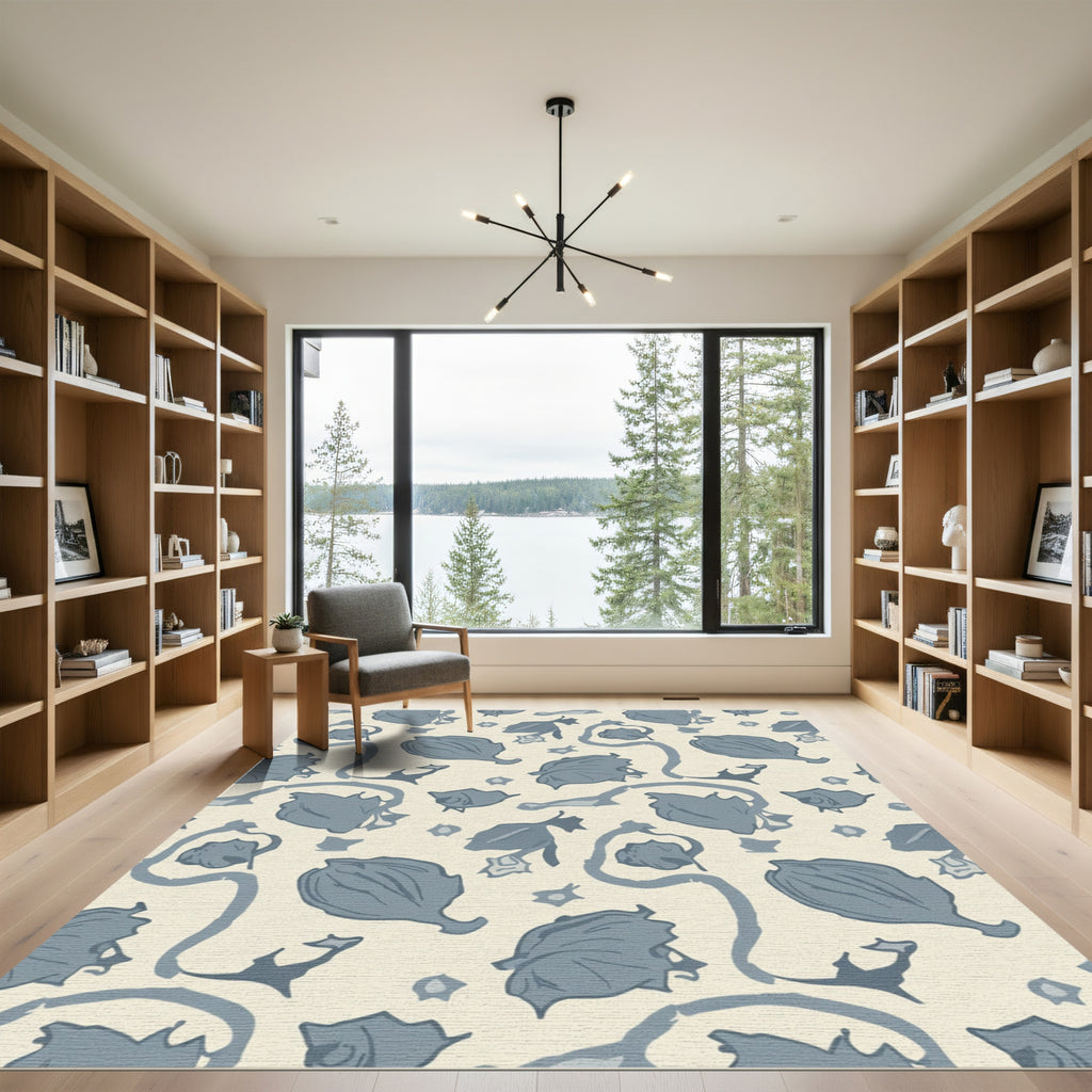 Rustic Blue Floral Vine Swirls Rug