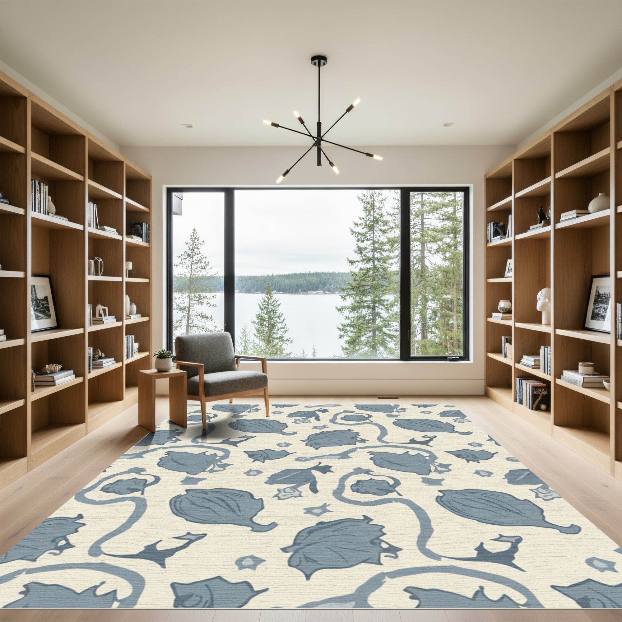 Rustic Blue Floral Vine Swirls Rug