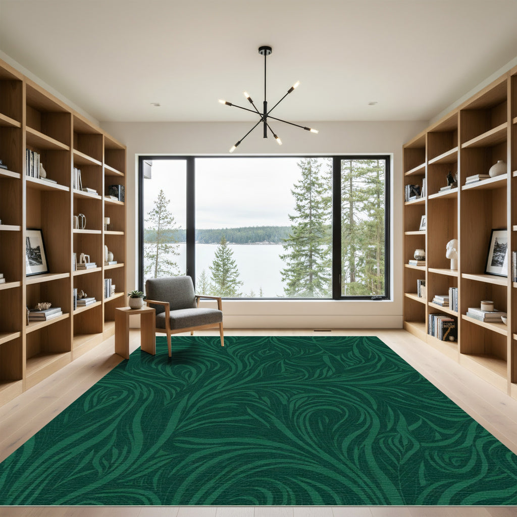 Deep Emerald Swirling Leaf Tapestry Rug
