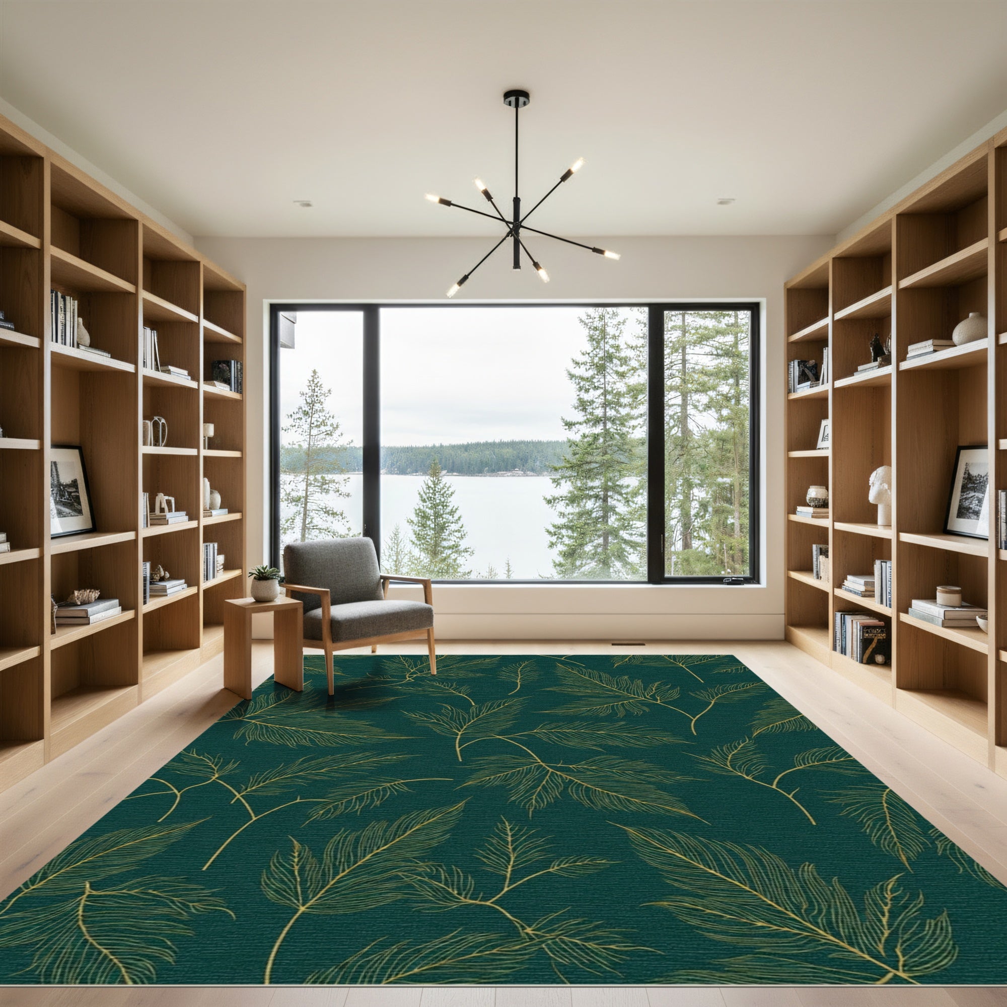 Emerald Green Golden Fern Art Rug