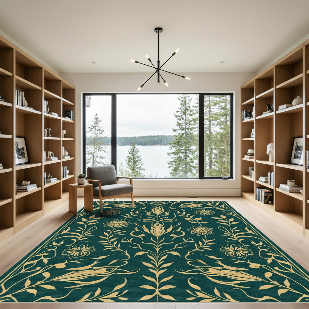 Emerald Gold Botanical Floral Arabesque Rug