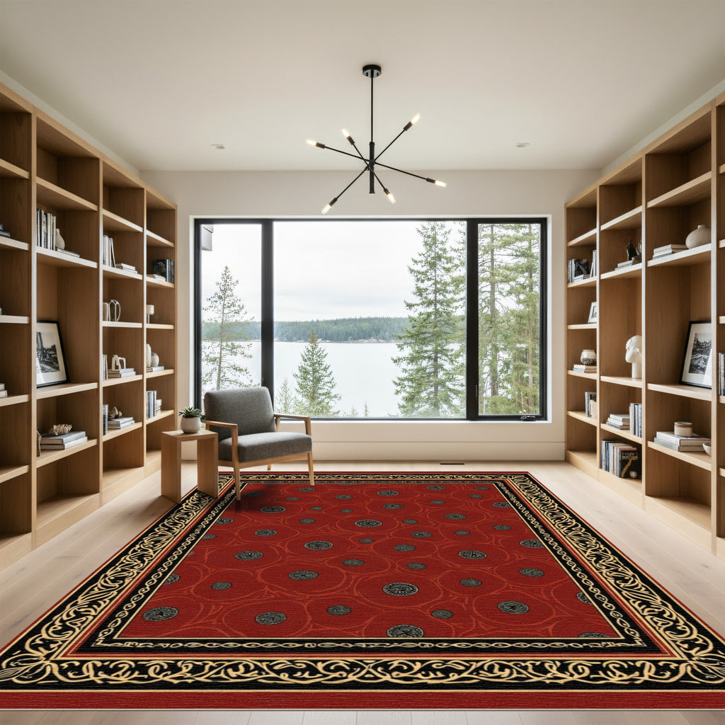 Crimson Medieval Coin Medallion Border Rug
