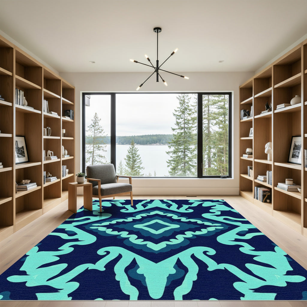 Navy Teal Abstract Diamond Ornament Rug